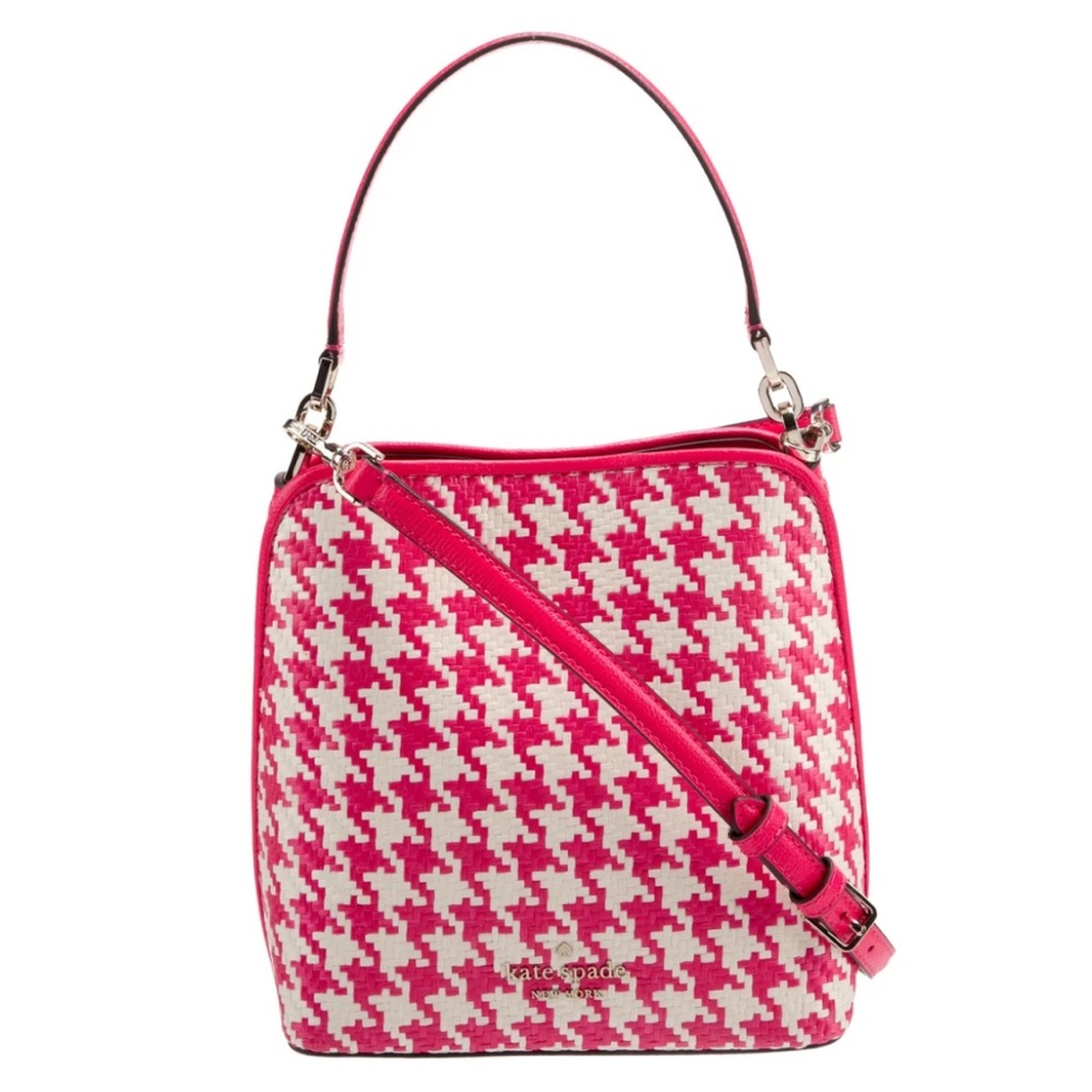 KATE SPADE ♠️ New York "Darcy"🩷PINK🩷WOVEN HOUNDSTOOTH SMALL BUCKET BAG🌟LIKE NEW🌟